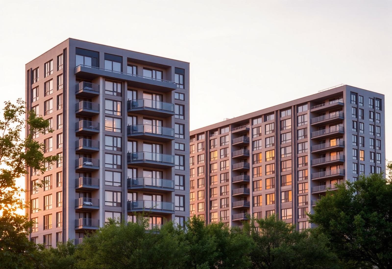 Modern sustainable multifamily building at golden hour in Dallas–Fort Worth